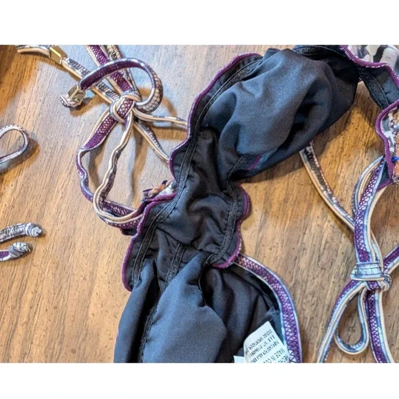 Agua Bendita Bikini Set Small Purple Feather Ribbon Embroidered Brazil Scrunch - Picture 13 of 15